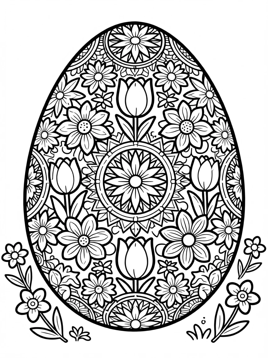 An Easter egg with kaleidoscope patterns of spring flowers