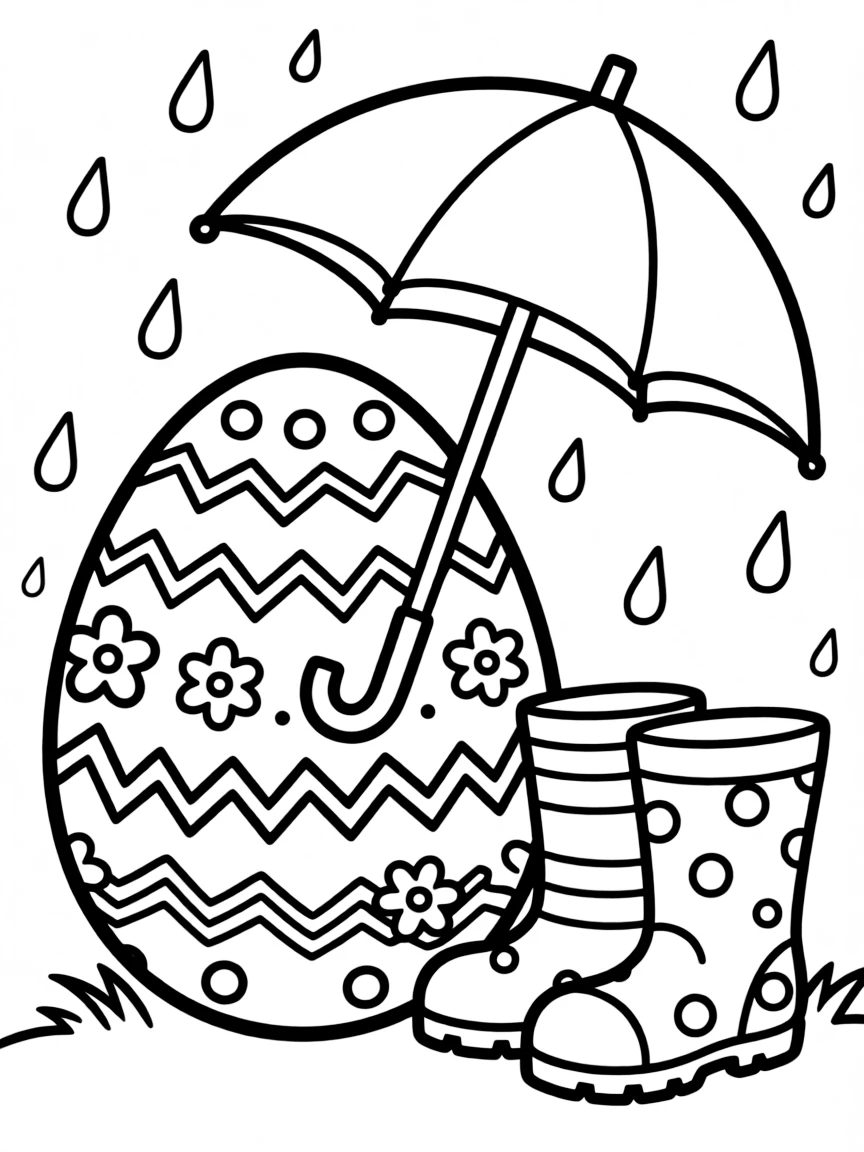 An Easter egg with umbrellas and rain boots for spring showers