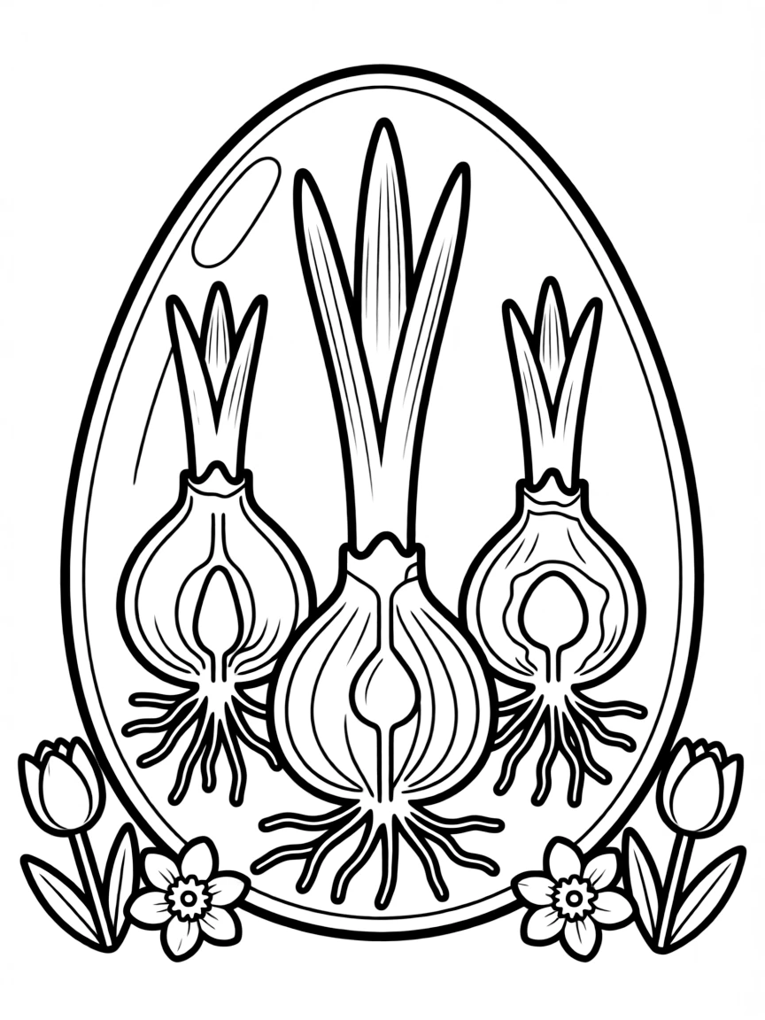 An Easter egg with x-ray views of spring flower bulbs