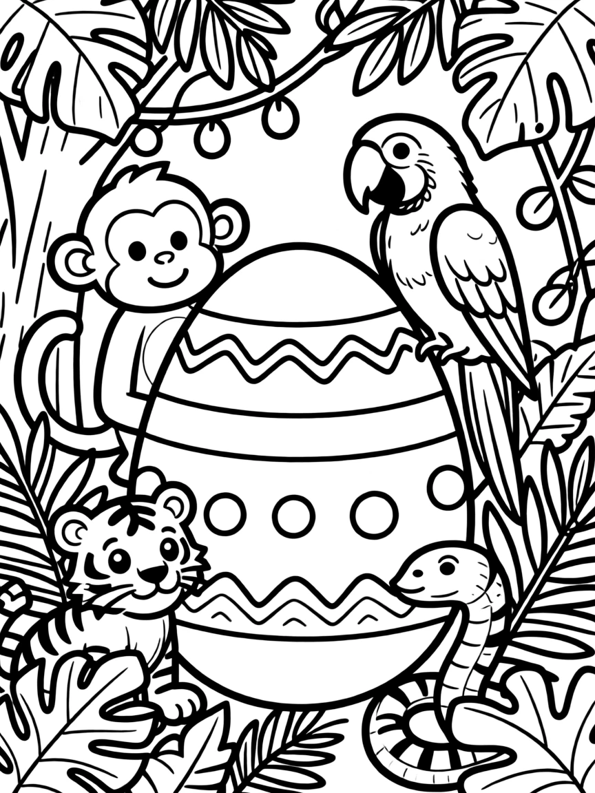 An Easter egg with jungle animals peering through foliage