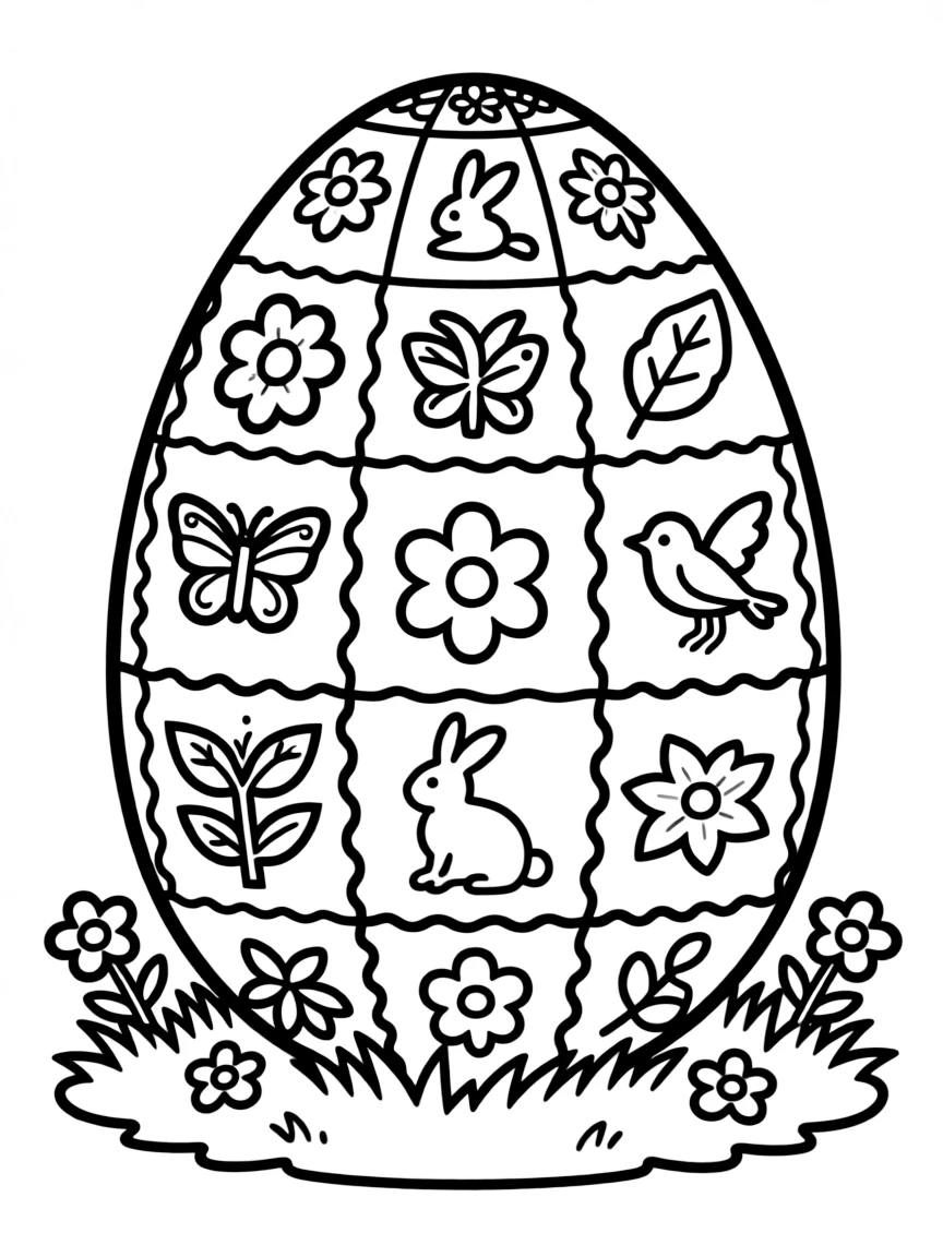 An Easter egg with patchwork quilt patterns of spring symbols
