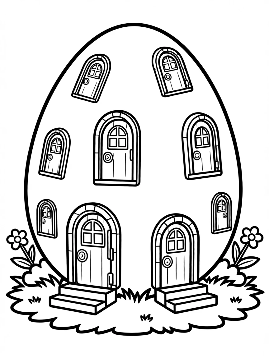An Easter egg with tiny doorways leading to magical worlds