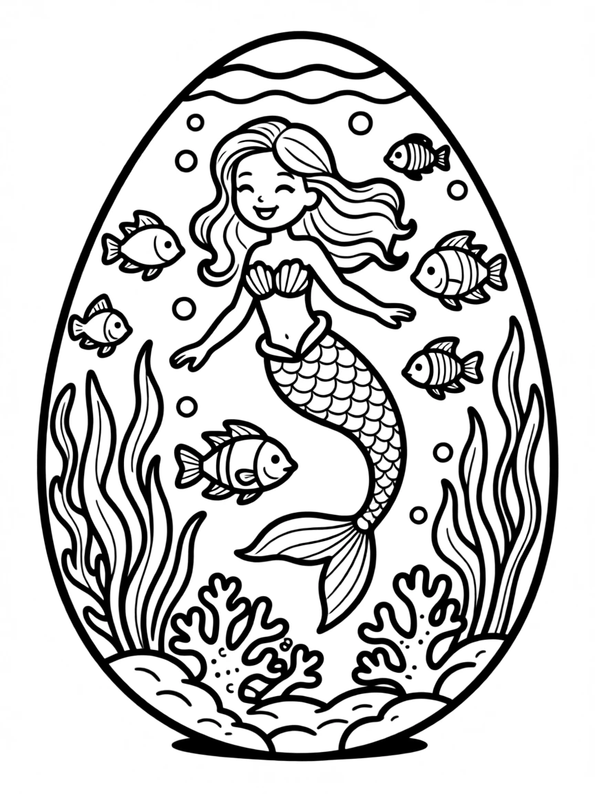 An Easter egg with underwater scenes of mermaids and fish