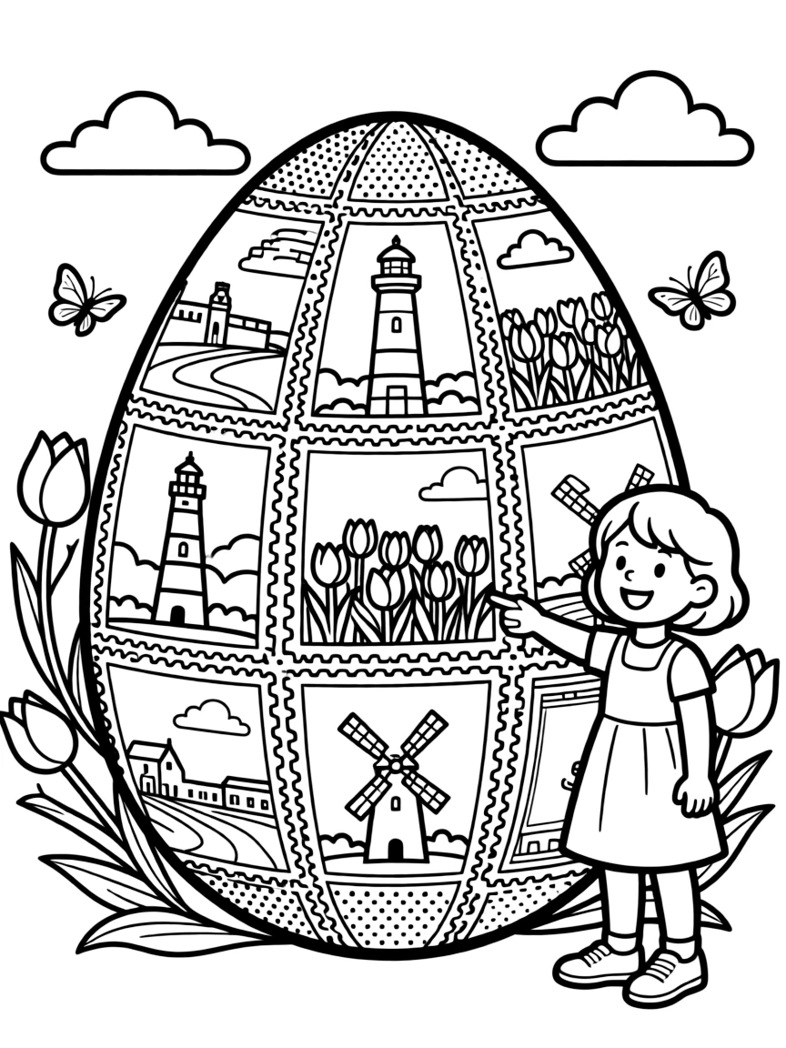 An Easter egg with vintage postcard designs from spring destinations