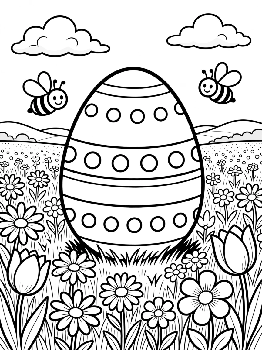 An Easter egg with wildflower fields and buzzing bees