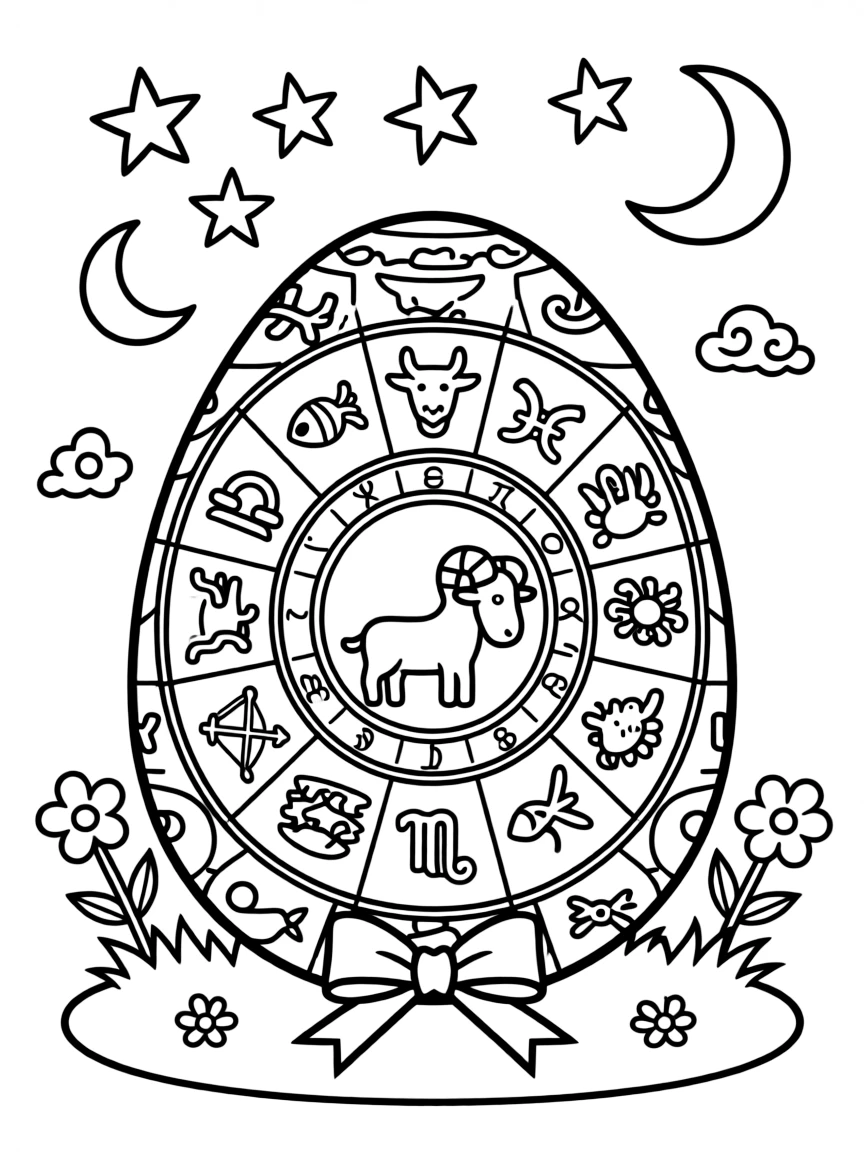 An Easter egg with zodiac symbols and celestial designs