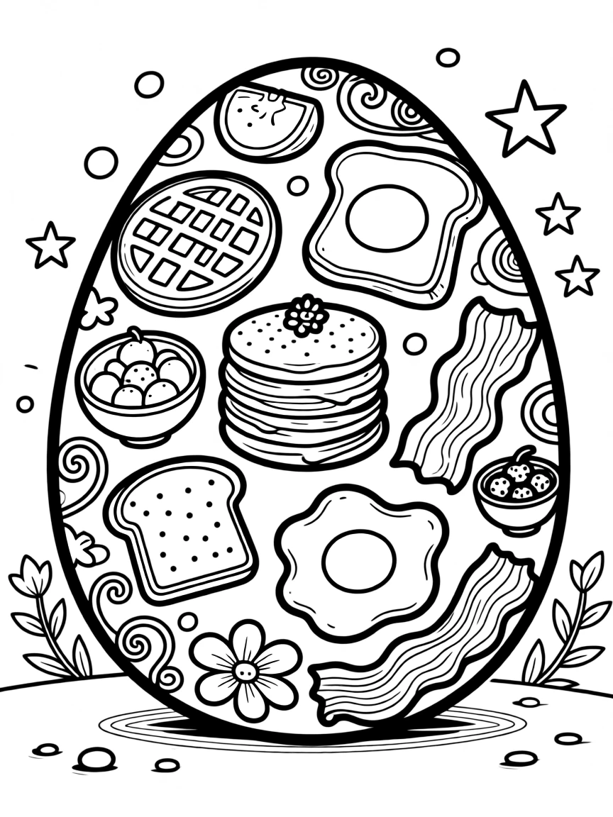 An Easter egg with breakfast foods arranged in decorative patterns