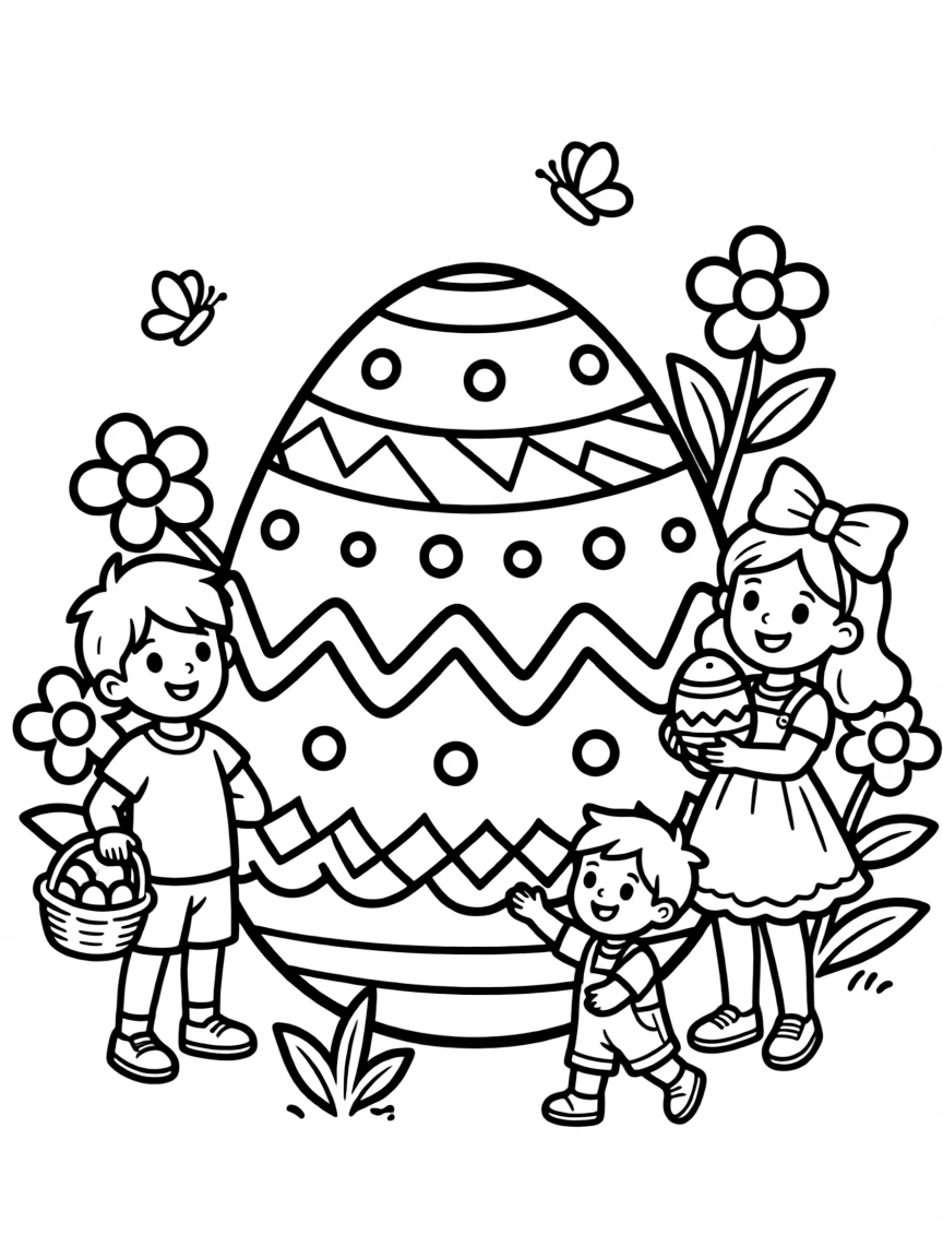 An Easter egg with cartoon characters celebrating Easter