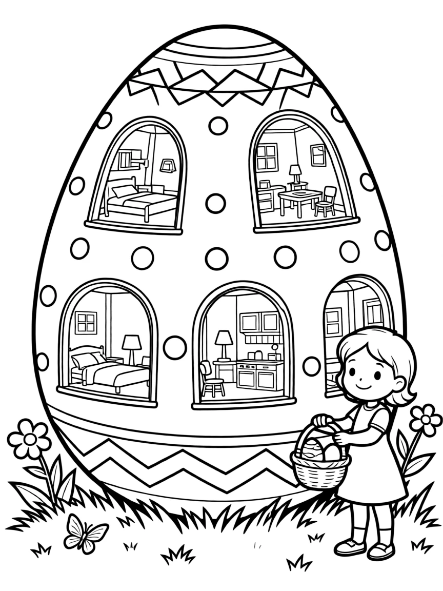 An Easter egg with doll house rooms visible through windows