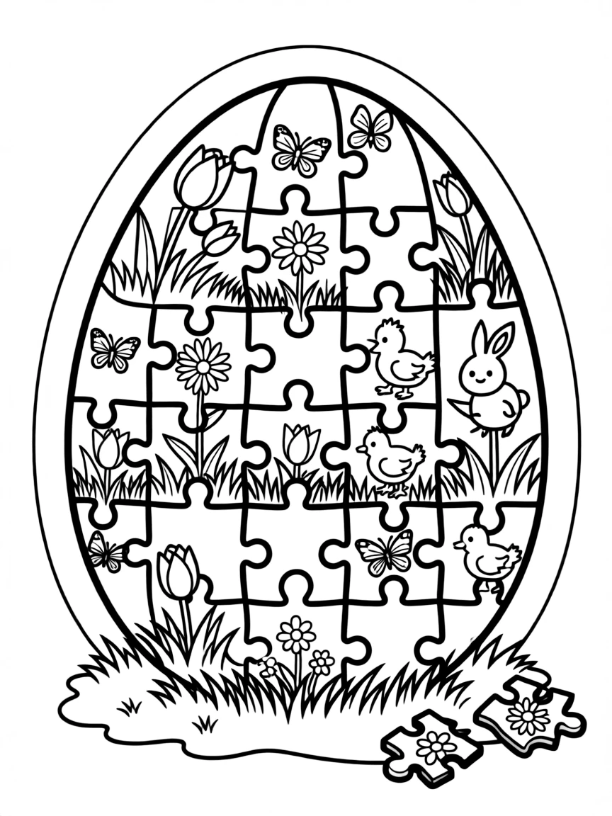 An Easter egg with jigsaw puzzle pieces that create a spring scene