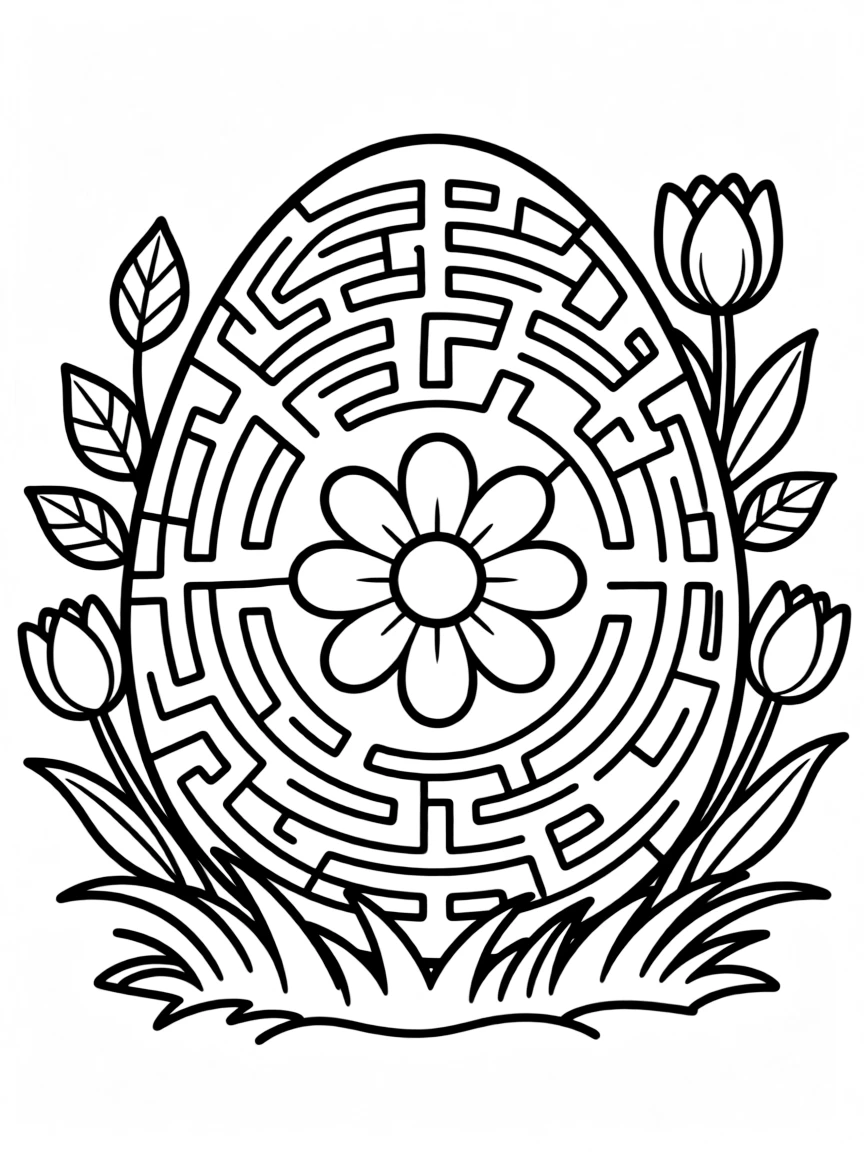 An Easter egg with labyrinth patterns leading to a center flower