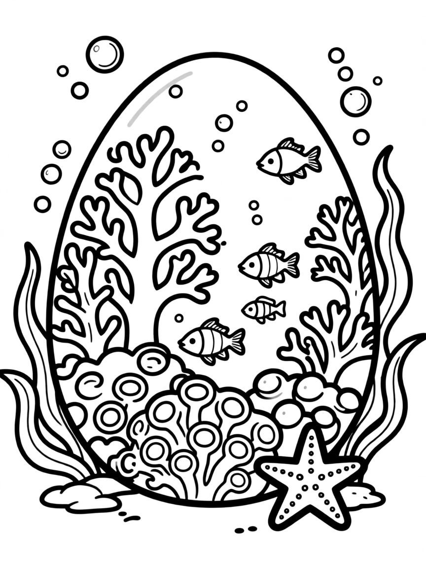 An Easter egg with underwater coral reef scenes and fish