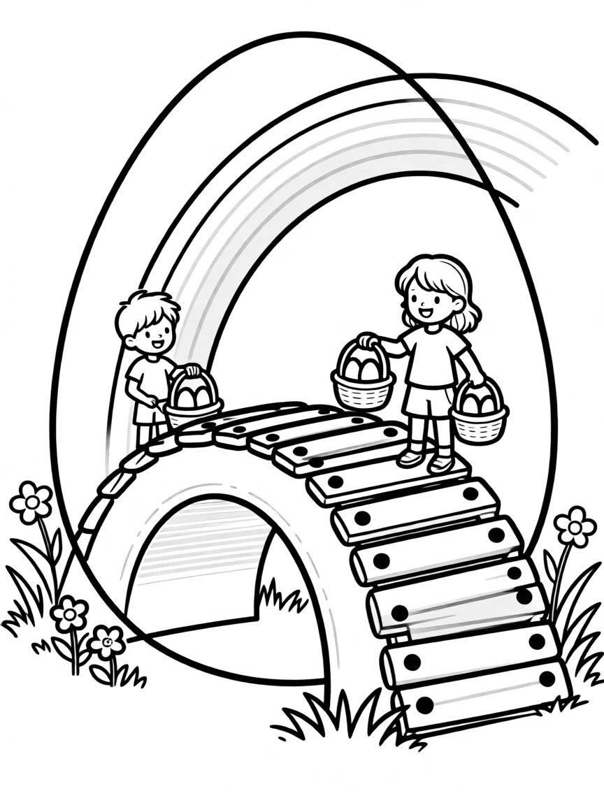 An Easter egg with xylophone keys that form a rainbow bridge