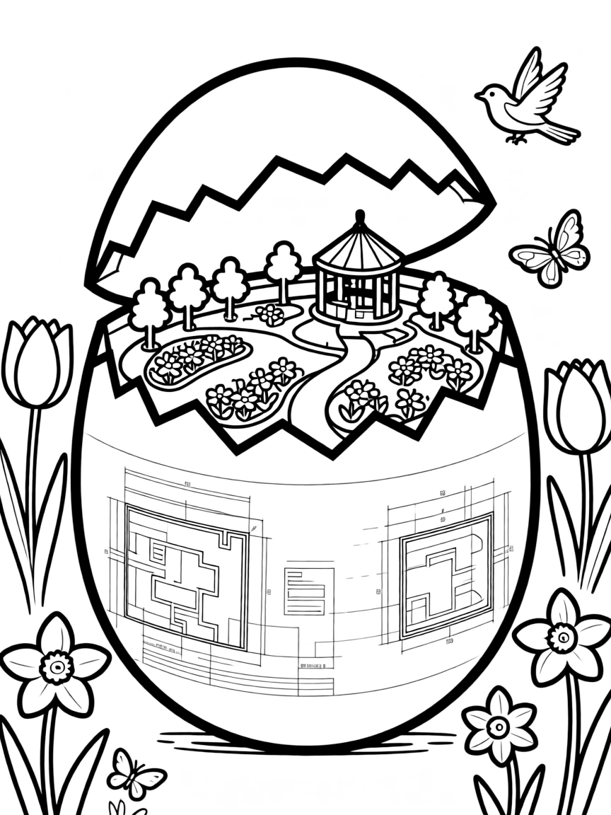 An Easter egg with architectural blueprints for a spring garden