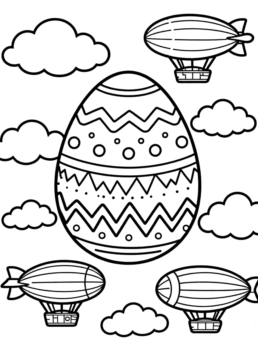 An Easter egg with zeppelin airships floating through clouds