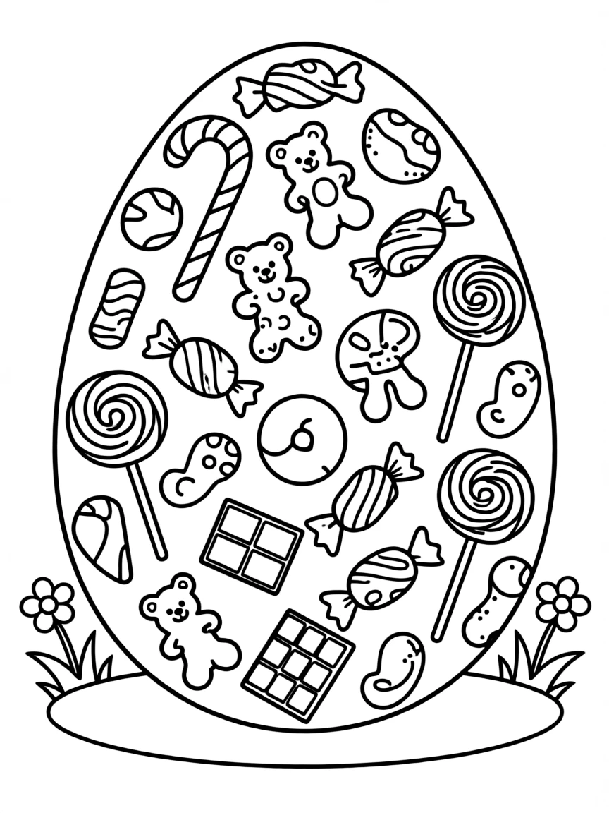An Easter egg with candy shop treats arranged in patterns