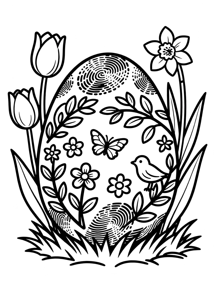 An Easter egg with fingerprint art creating spring scenes