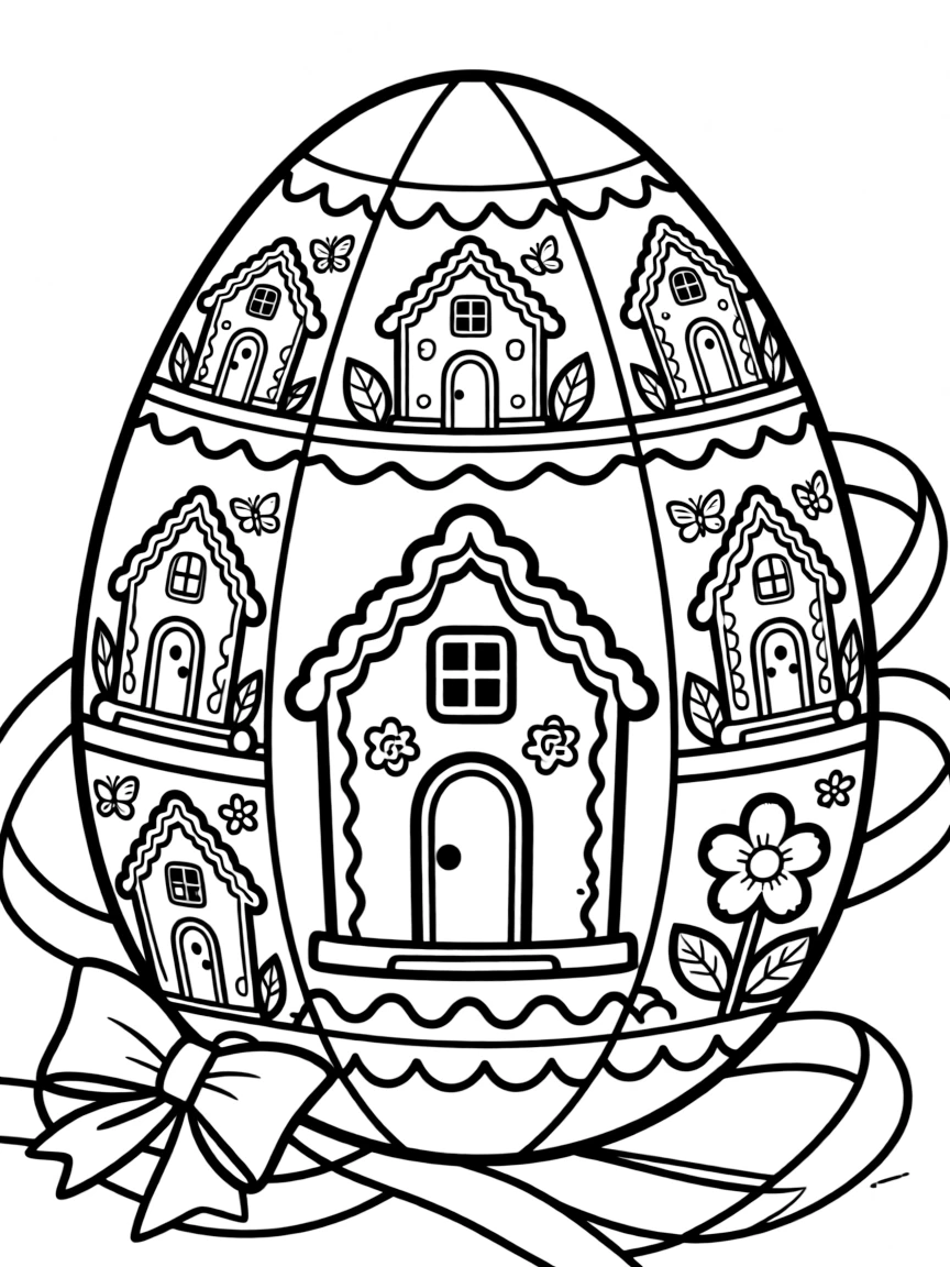 An Easter egg with gingerbread house designs with spring decorations