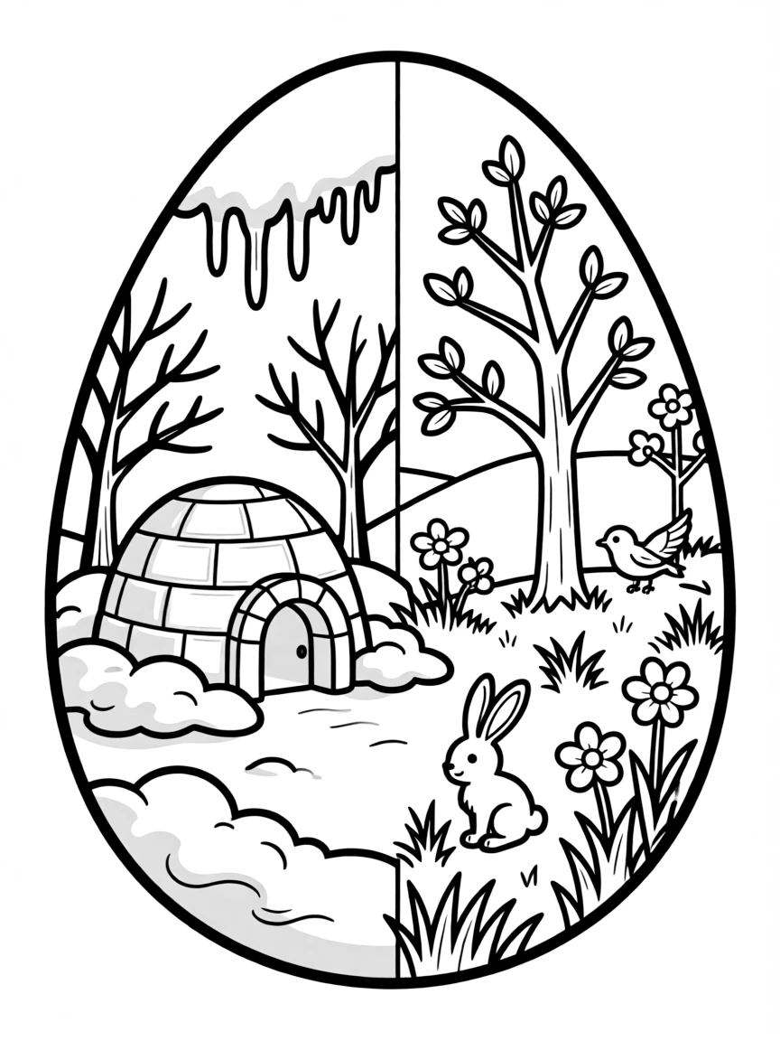 An Easter egg with igloo scenes transforming into spring