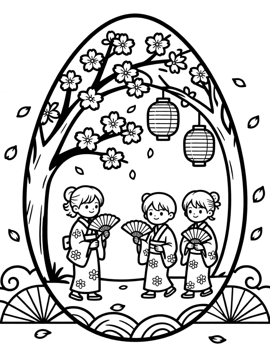 An Easter egg with Japanese cherry blossom festival scenes