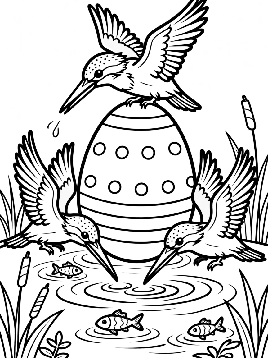 An Easter egg with kingfisher birds diving for fish