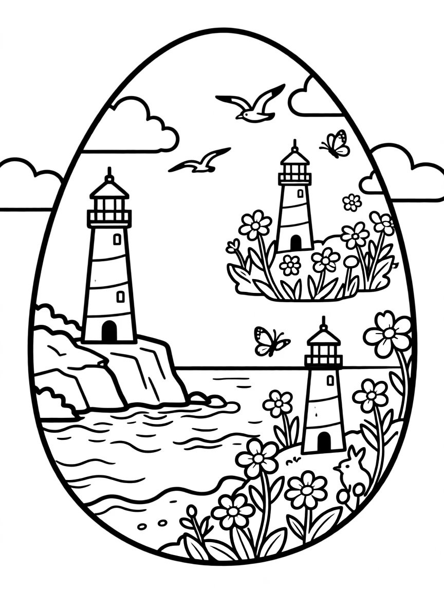 An Easter egg with lighthouse scenes on coastal spring days
