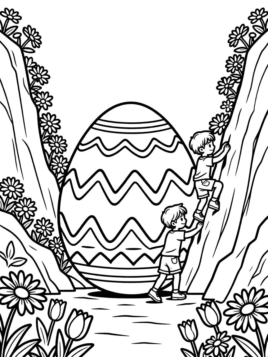 An Easter egg with rock climbing scenes on flowery cliffs