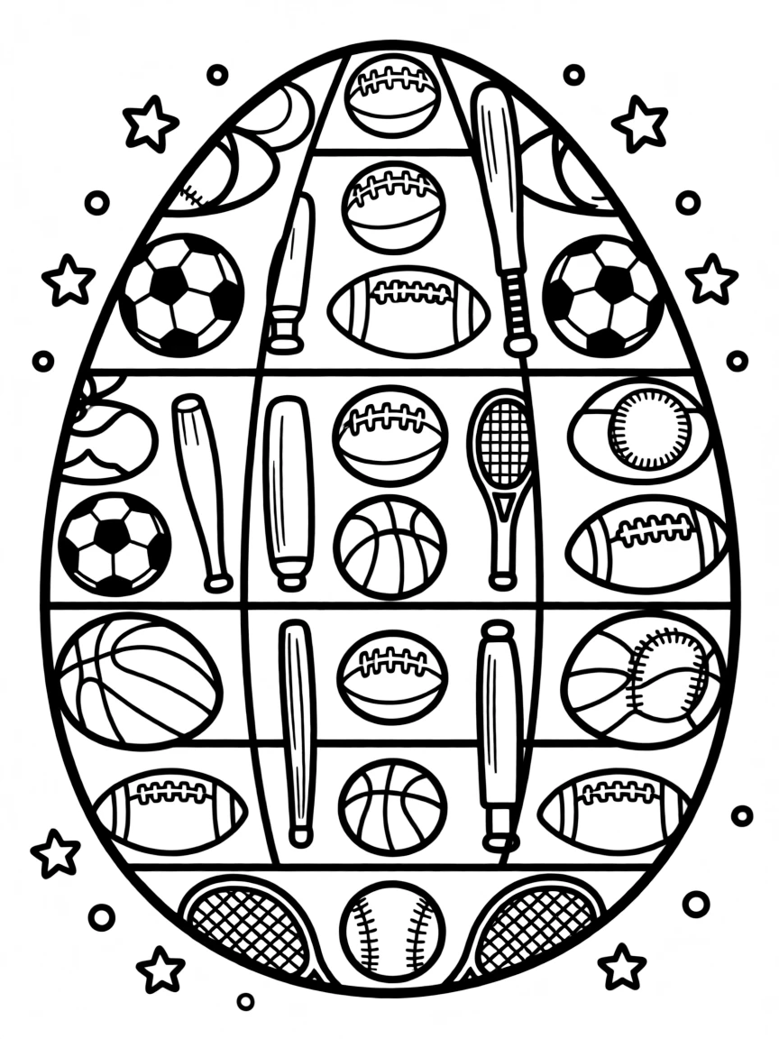 An Easter egg with sports equipment arranged in patterns