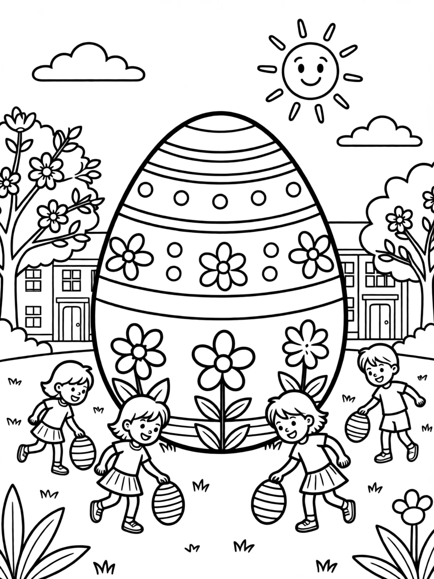An Easter egg with university campus scenes in spring