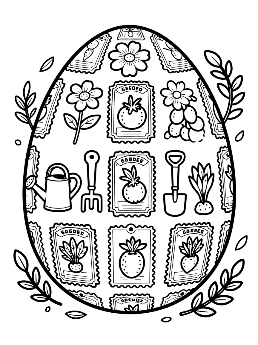 An Easter egg with vintage seed packet designs arranged in patterns