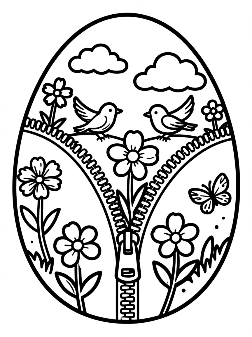 An Easter egg with zipper patterns revealing spring scenes inside
