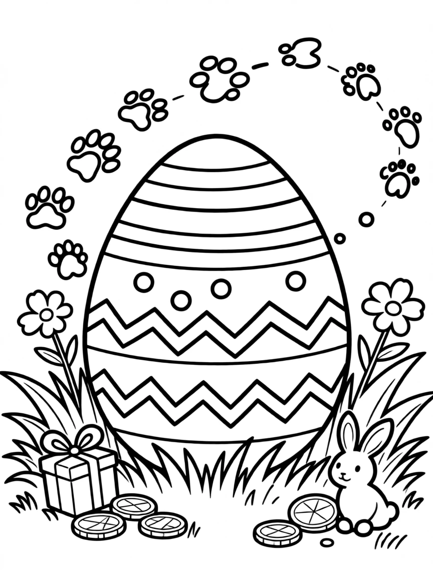 An Easter egg with animal tracks leading to hidden treasures