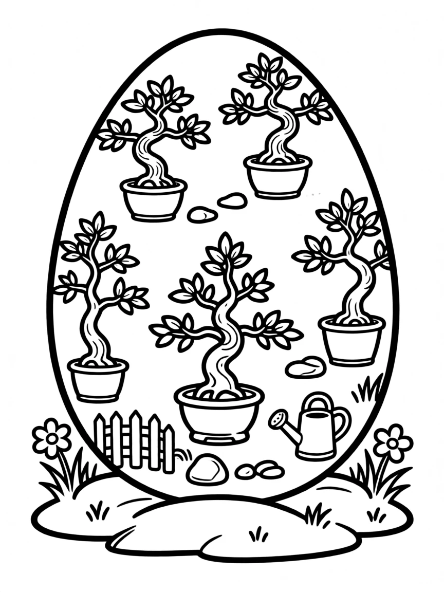 An Easter egg with bonsai tree designs and miniature gardens