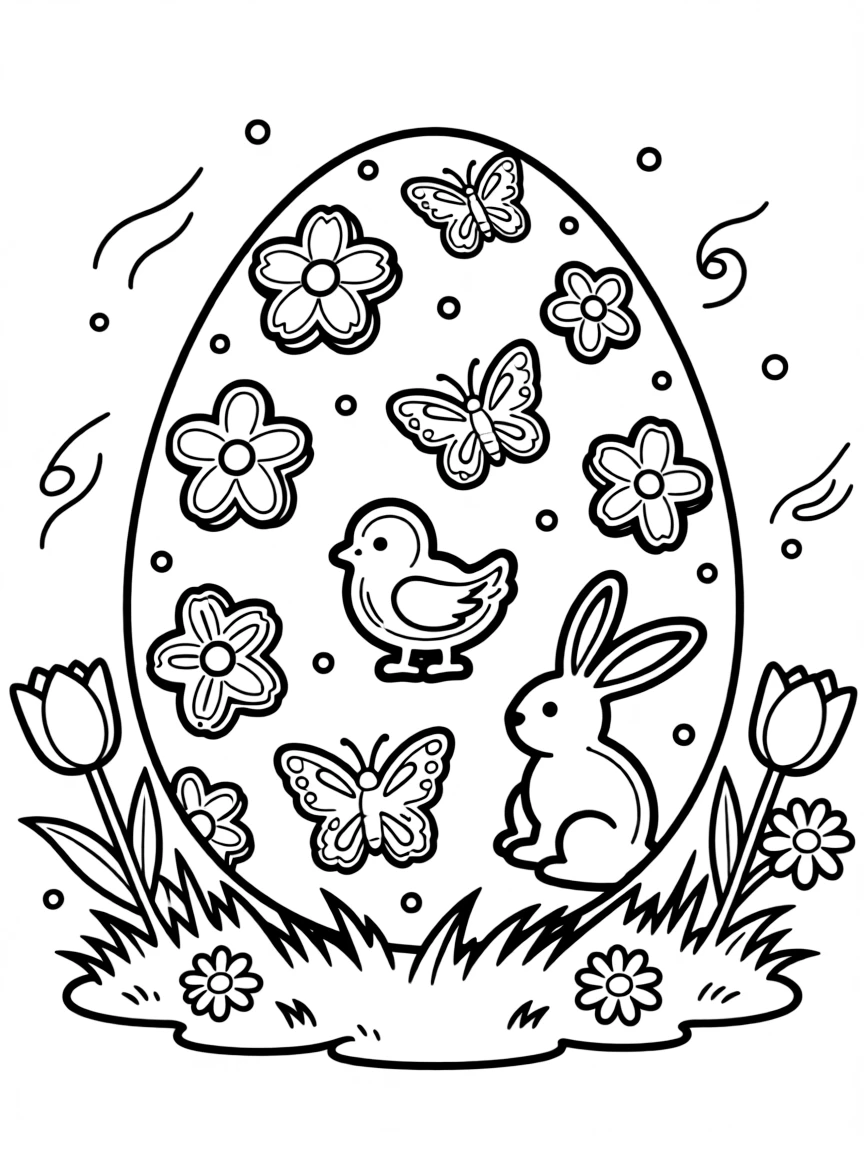 An Easter egg with cookie cutter shapes of spring symbols