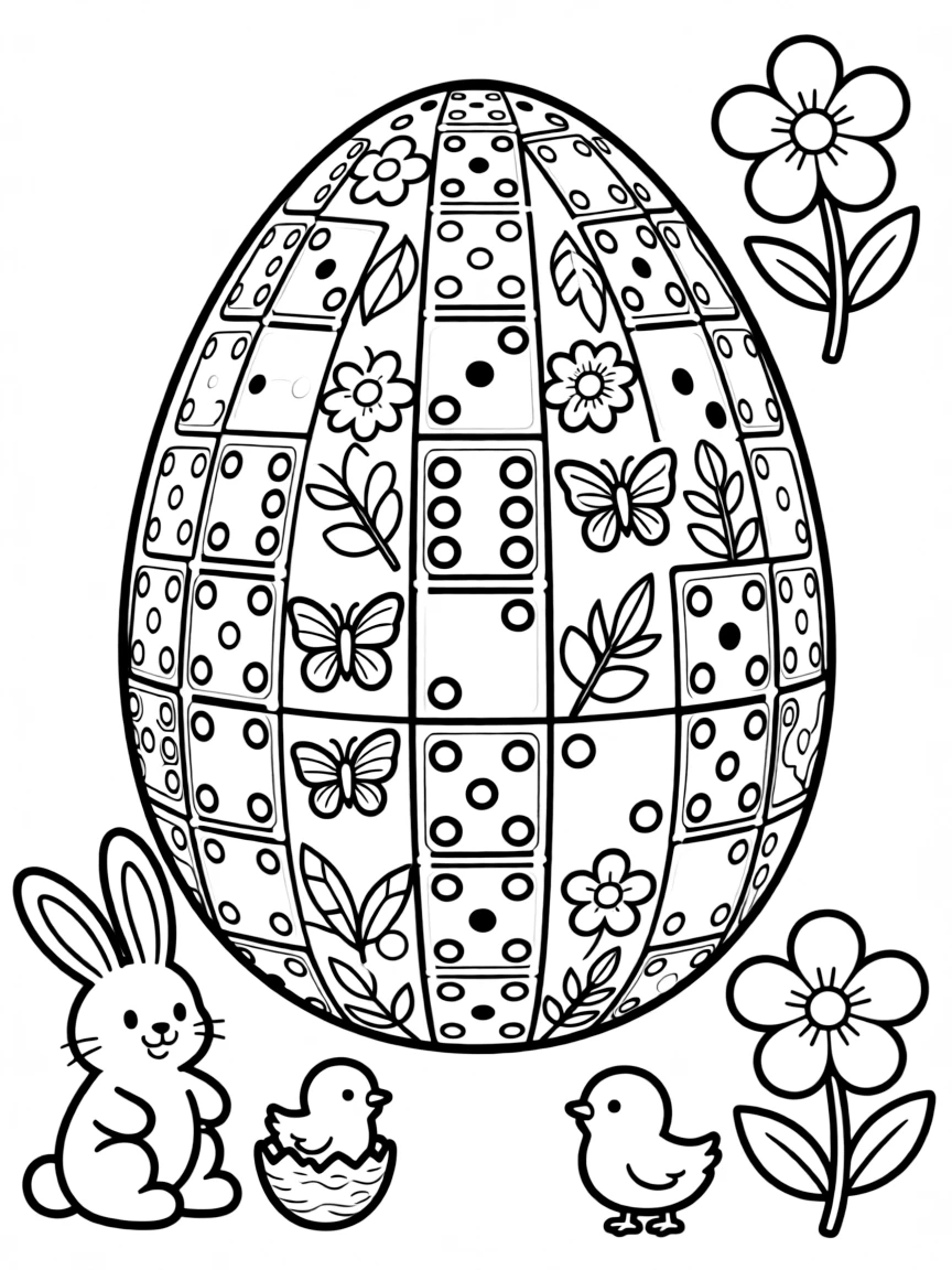 An Easter egg with dominoes arranged in spring patterns