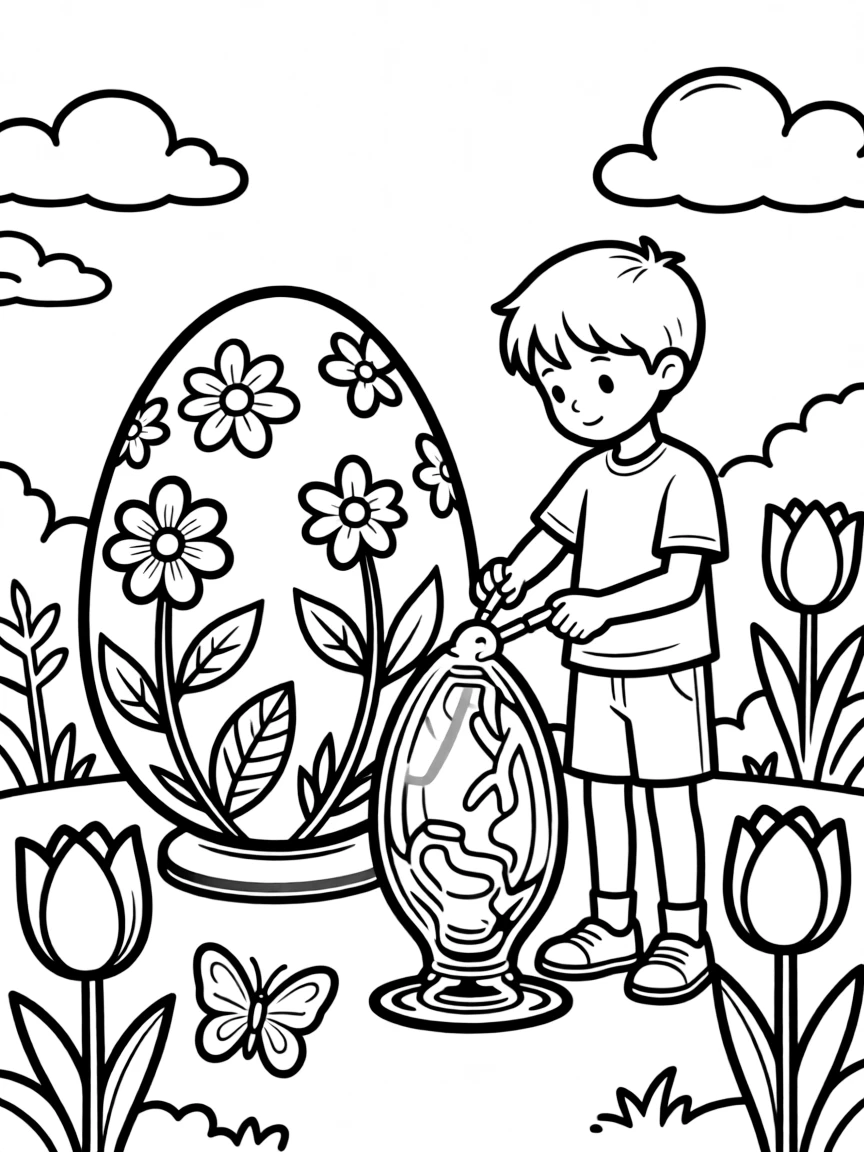 An Easter egg with glassblowing art and spring sculptures
