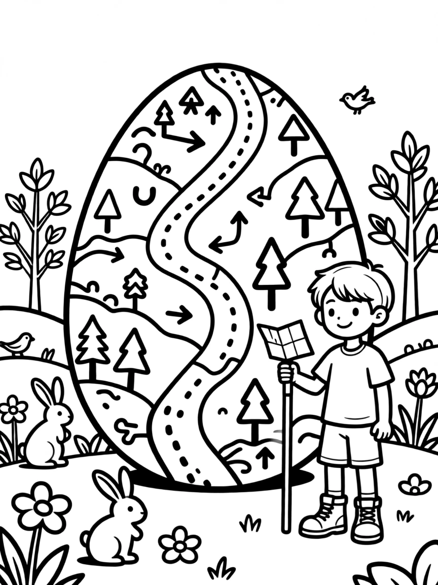 An Easter egg with hiking trail maps through spring landscapes
