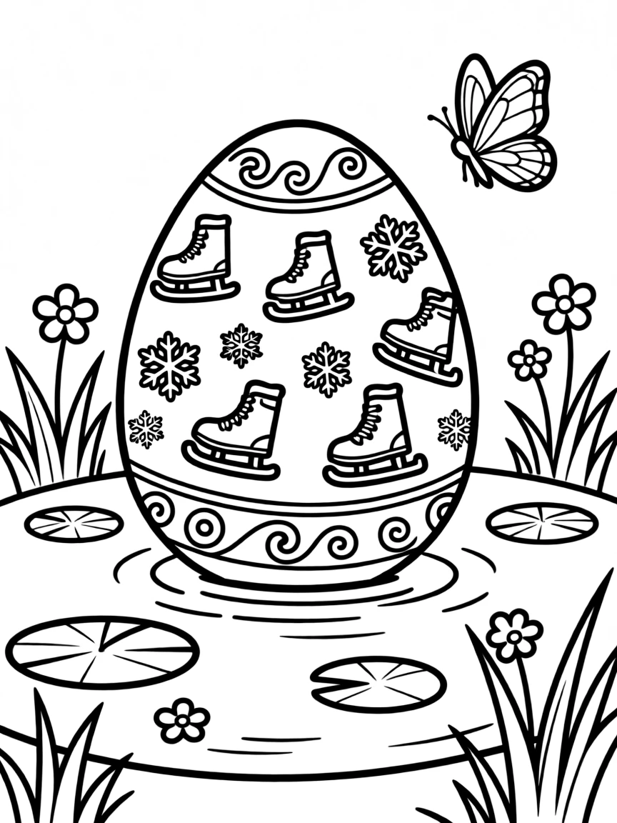 An Easter egg with ice skating patterns on a spring pond