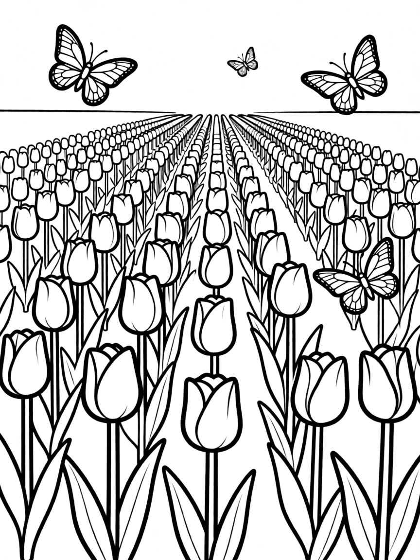 A field of tulips in various stages of bloom with butterflies