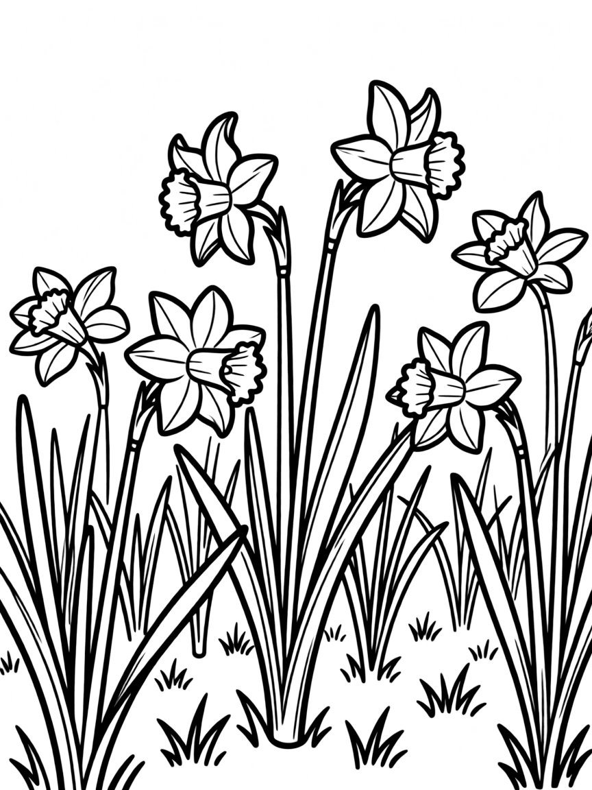A garden of daffodils swaying in a gentle spring breeze