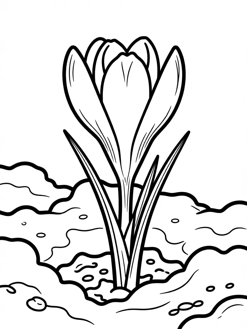 A close-up of a crocus pushing through the last of winter snow