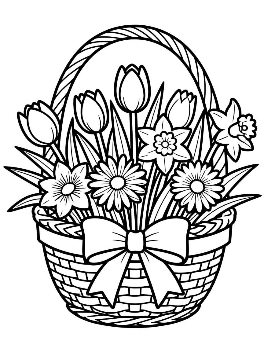 A bouquet of spring flowers in a decorated Easter basket