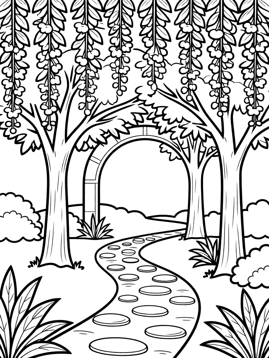 Cherry blossoms arching over a peaceful garden path