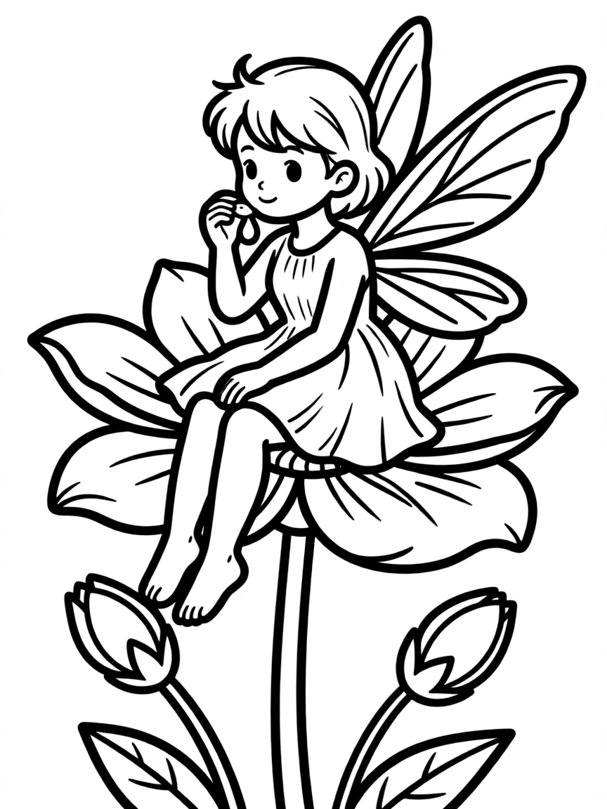 A fairy sitting on a blooming spring flower drinking dew