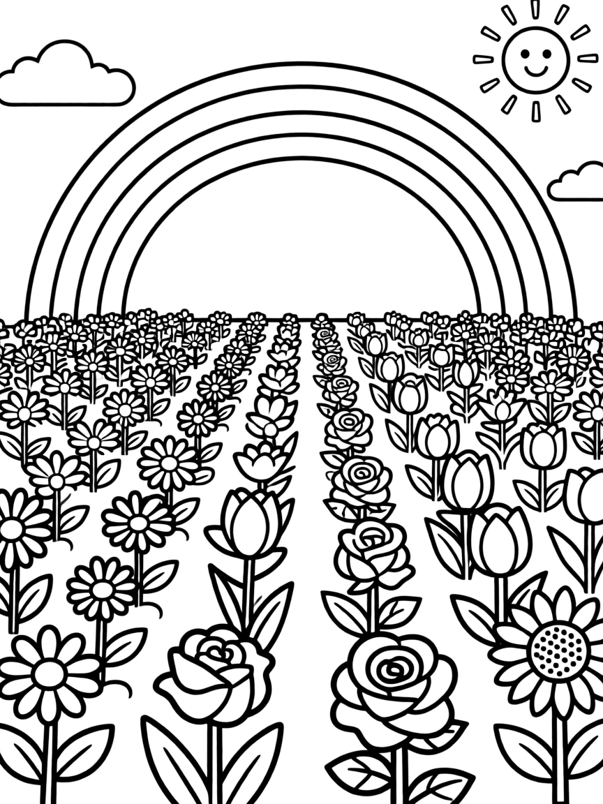 A flower garden with a rainbow of colorful spring blooms