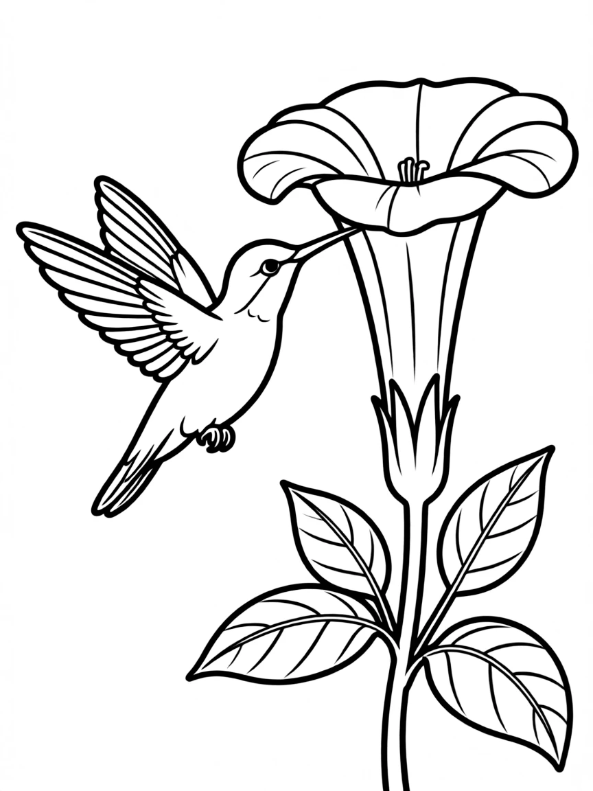 A hummingbird sipping nectar from a trumpet flower