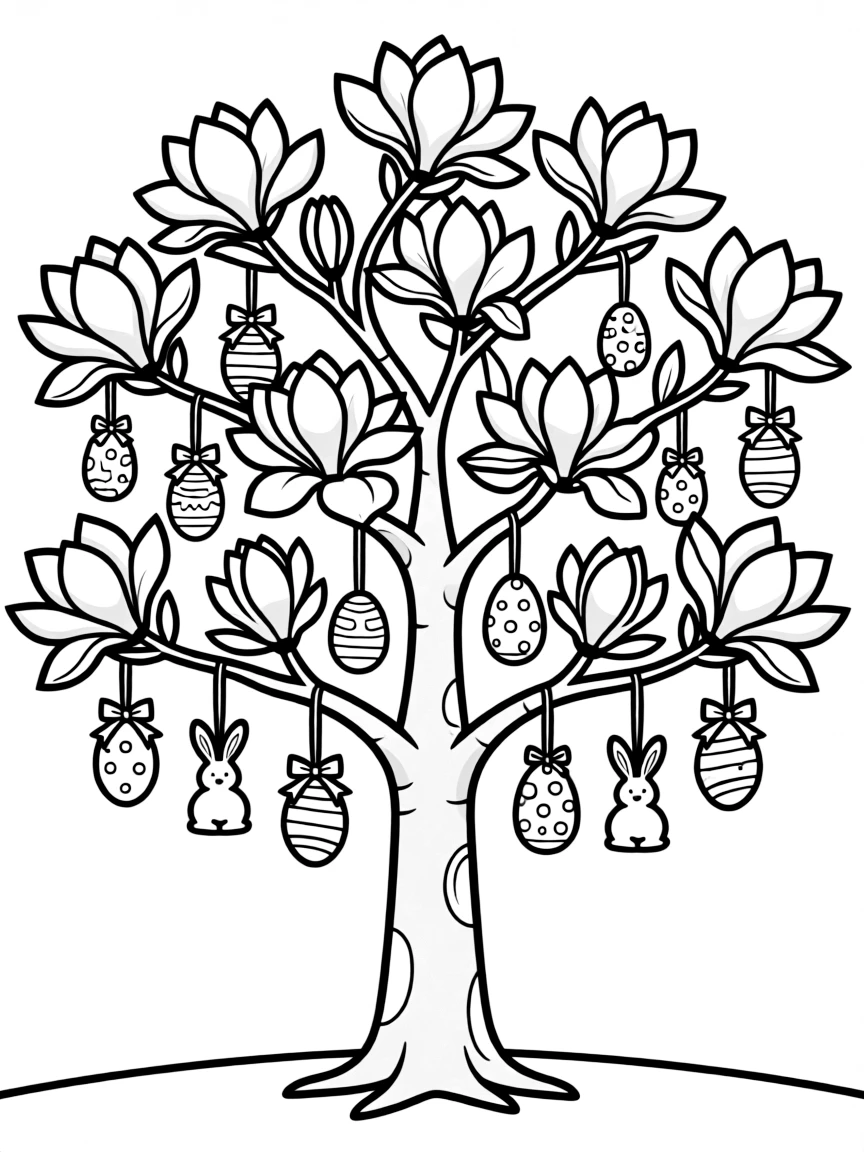 A magnolia tree in full bloom with Easter decorations