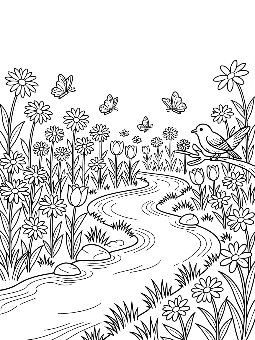 A meadow of wildflowers with a stream running through it