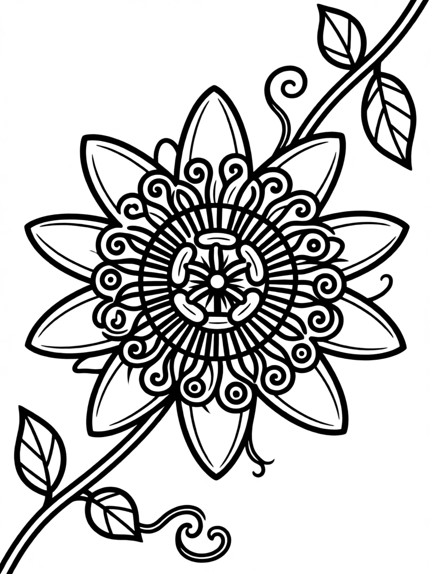 A passionflower with intricate spirals and patterns