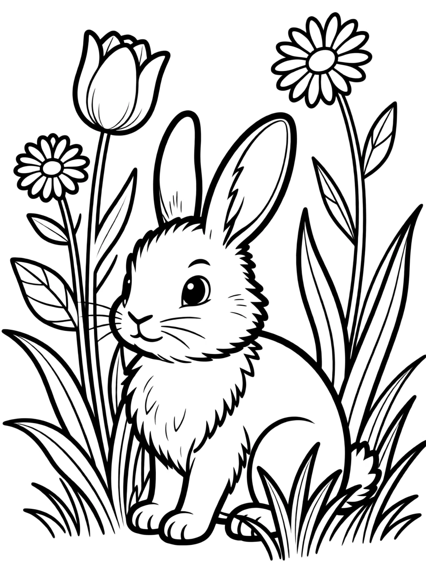 A rabbit hiding among tall spring flowers and grasses